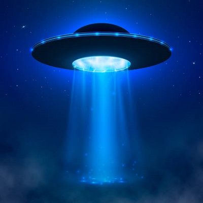 UFO. Alien spacecraft with light beam and fog. UFO Vector Illustration